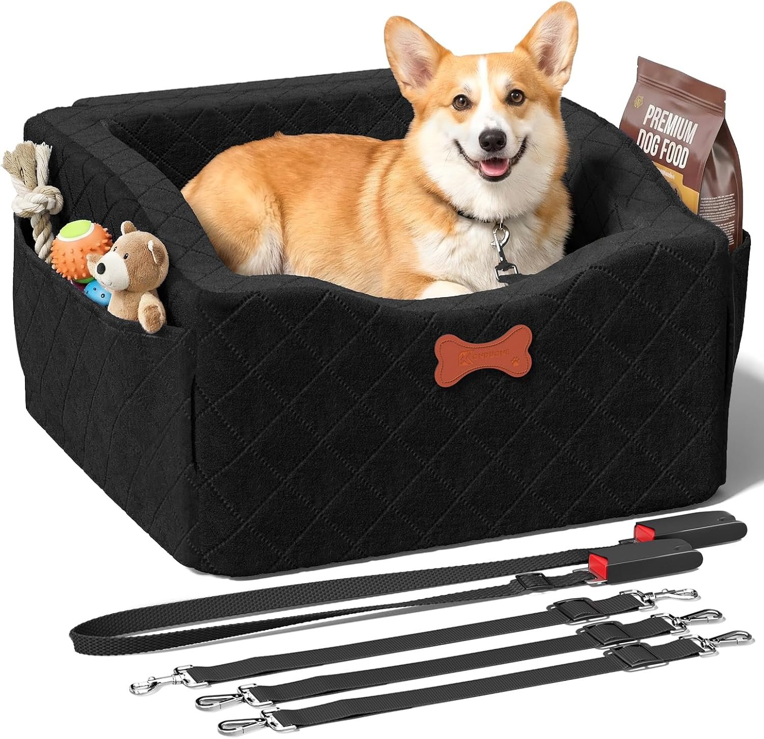 Dog Car Seat for Small Medium Dogs, 6″ Elevated Dog Booster Seat with ISOFIX Safety Fixation, Washable Cover & High Density Memory Foam, Portable for Car Front/Rear/Trunk Home Outdoor Use (Jet Black)