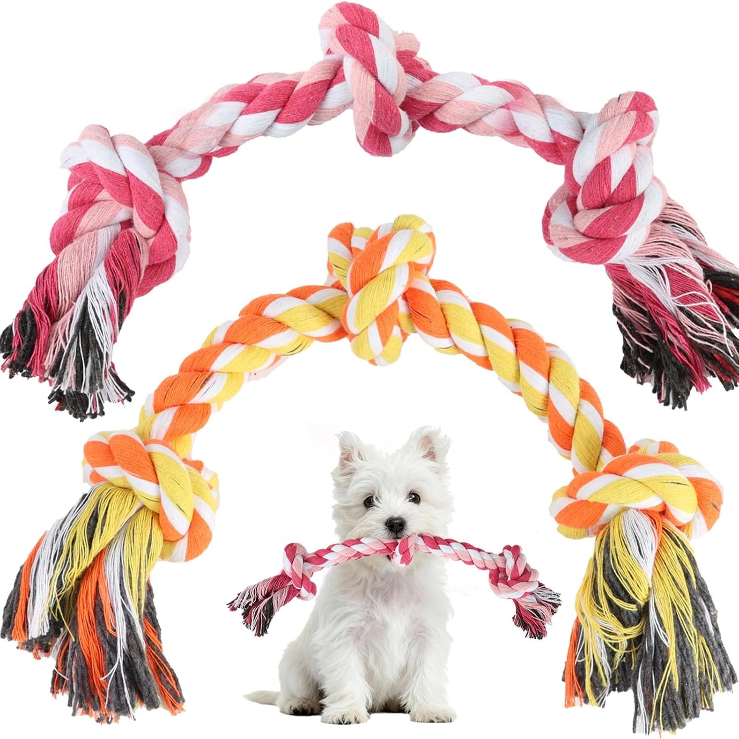 SZEE Dog Rope Toy 2 Pack, Rope Toys for Dogs, Chew Ropes for Small Breeds Puppies, Pull Toy for Tug of War, Energy Release, Boredom Relief and Teeth Cleaning, 3 Knots 14 inches (Pink & Orange)