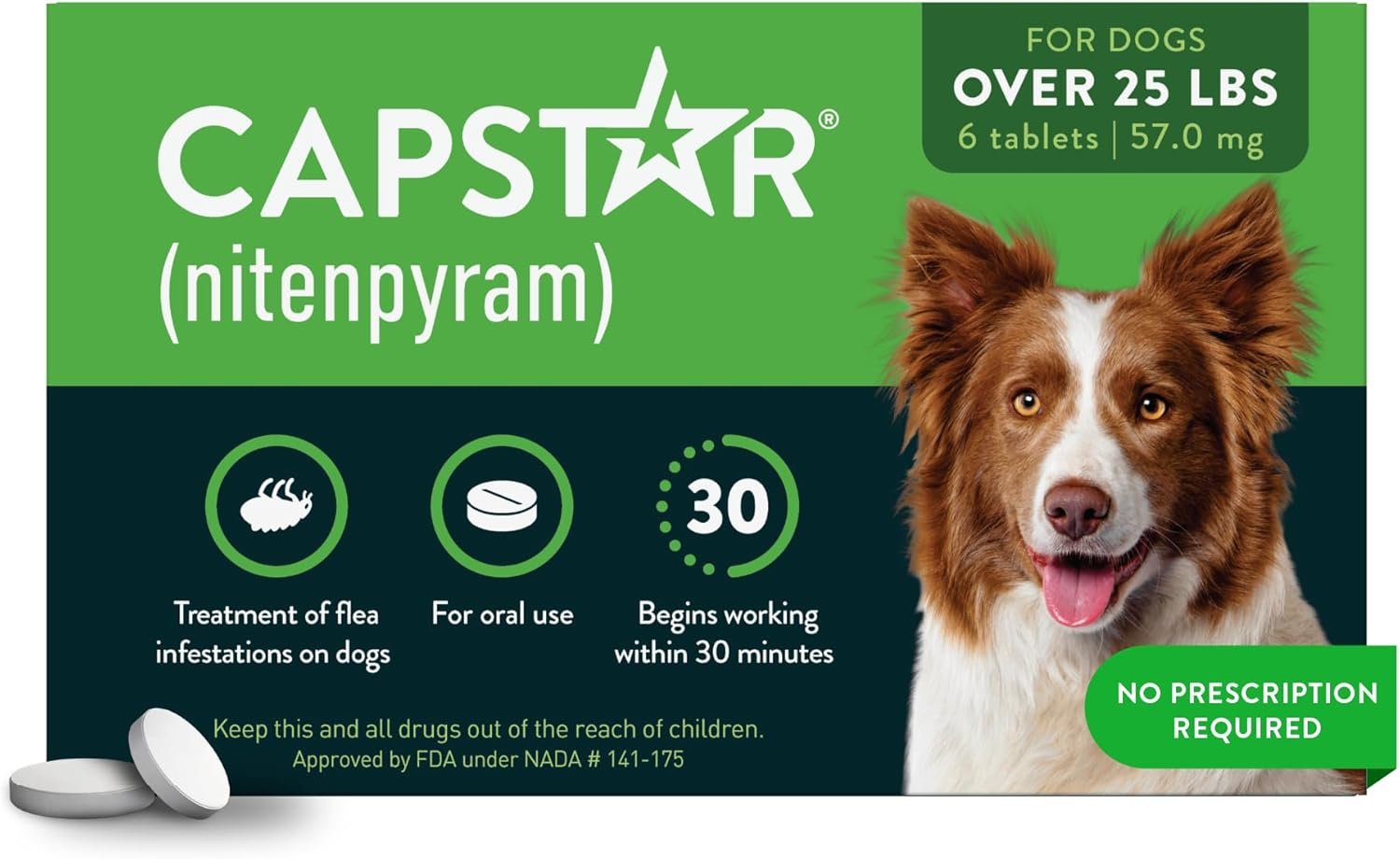 Capstar for Dogs (nitenpyram), Fast-Acting Oral Flea Treatment for Dogs Over 25+ lbs, Vet-Recommended Flea Medication Tablets Start Killing in 30 Minutes, 6 Doses