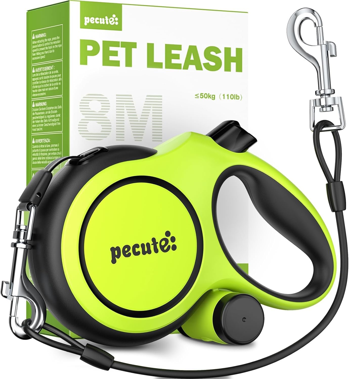 Pecute Retractable Dog Leash 26FT, Heavy Duty Chew Proof Steel Cable for Large Dogs 33-110LBS, Anti-Slip Handle with Poop Bag Holder for Hiking, Camping, Outdoor Walking (Green)