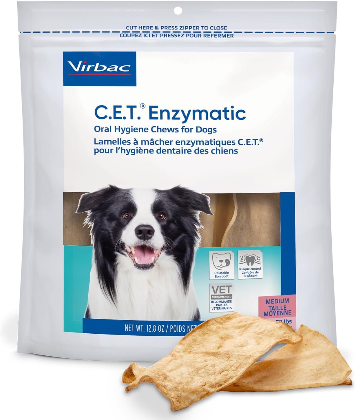 Virbac C.E.T.® Enzymatic Oral Hygiene Chews for Dogs, Medium – Plaque & Tartar Control – Single Layer Beefhide with Exclusive Dual-Enzyme System & Tasty Chicken Flavor – Easy to Give Dog Dental Chew