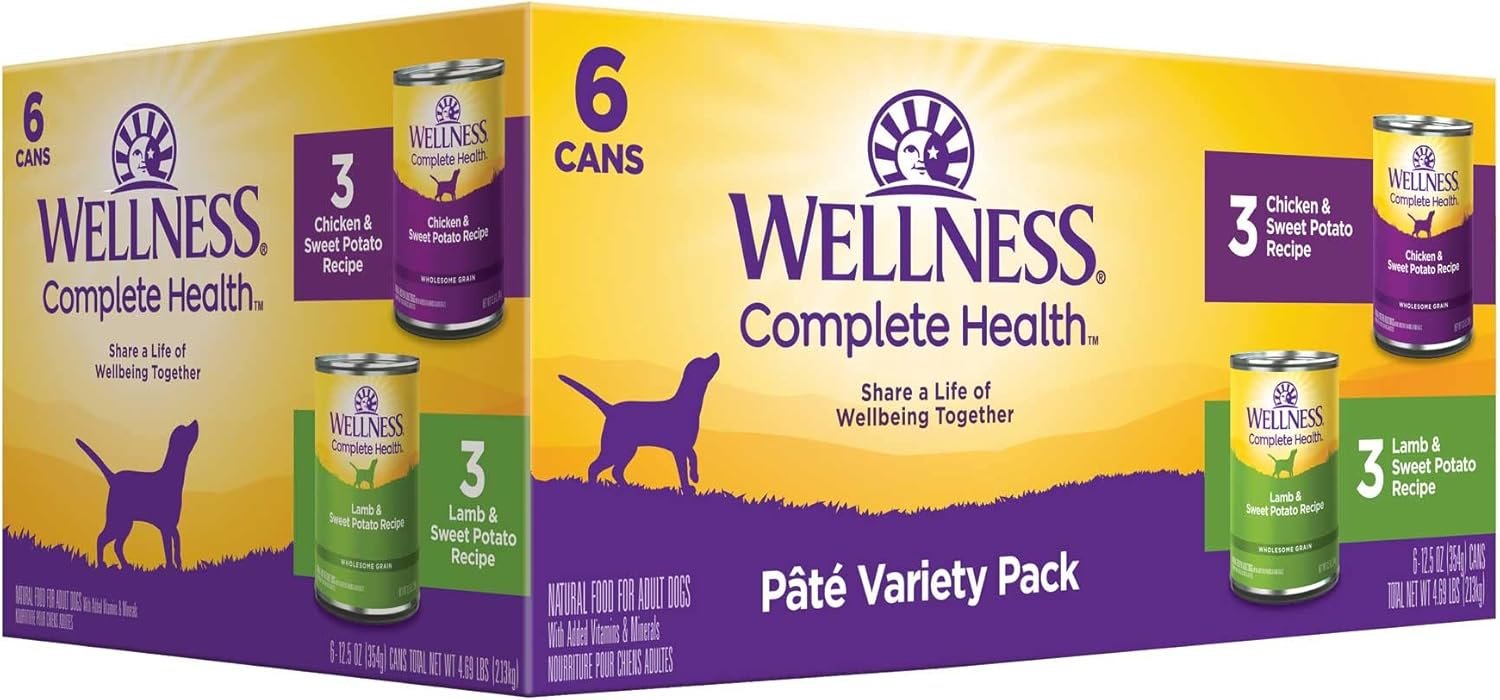 Wellness Complete Health Pate Variety Pack Adult Canned Wet Dog Food, Wholesome Grains, Natural, 12.5 oz, Pack of 6 Cans