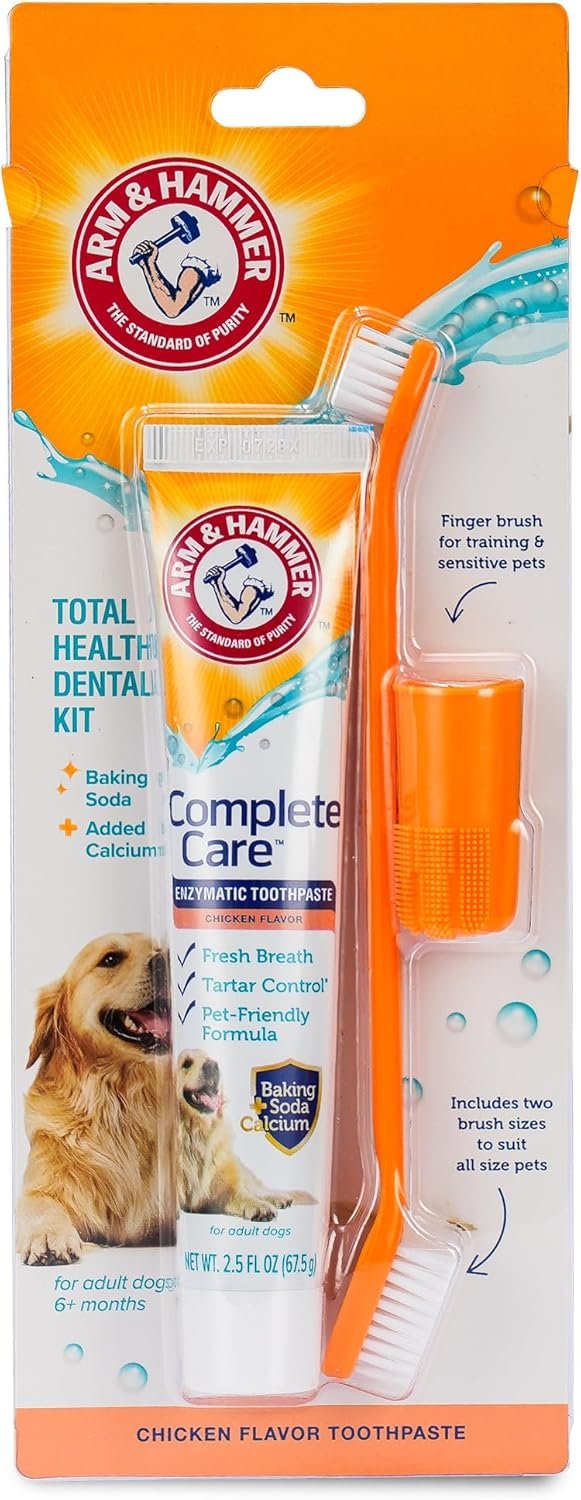 Arm & Hammer Complete Care Dog Dental Kit Enzymatic Toothpaste 2.5 OZ Chicken Flavor Toothbrush Finger Brush Tartar Baking Soda Formula