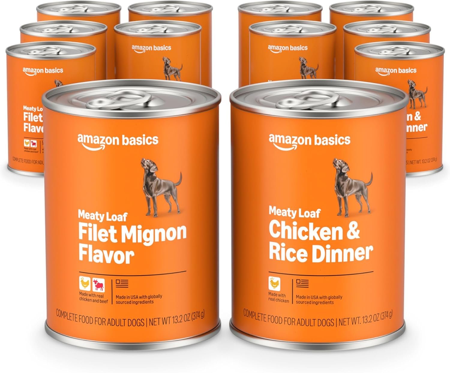 Amazon Basics Wet Dog Food Meaty Loaf Variety Pack, Filet Mignon Flavor and Chicken & Rice Dinner, Made with Real Chicken and Beef, 13.2 oz can, (6 cans of Each Flavor, 12 cans in Total)