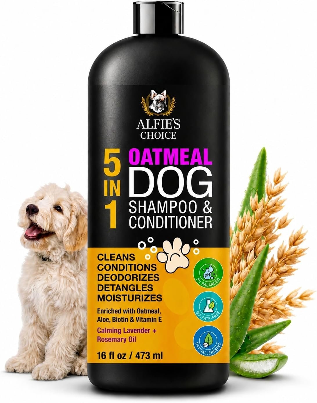 Oatmeal Dog Shampoo and Conditioner for Itchy Skin Relief | Puppy Shampoo for Sensitive Skin 5-in-1 | Cleans, Deodorizes & Detangles | Dog Wash for All Breeds | 16 fl oz | ALFIE’S CHOICE