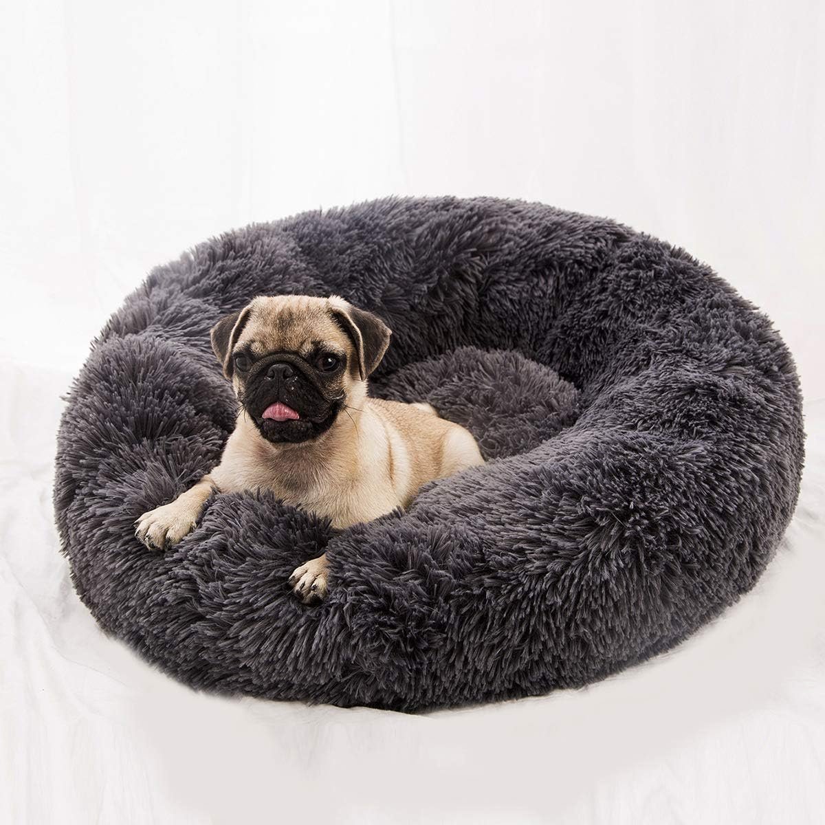 Faux Fur Dog Bed Cat Bed,Shag Round Anti-Anxiety Pet Calming Bed Doughnut Cuddler for Medium Large Puppy Dog Cat Kennel Cushion Self Warming Bed (28” D x 8” H, Dark Grey)