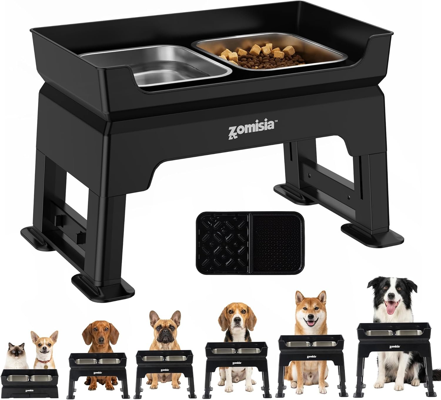 ZOMISIA 3-in-1 Elevated Dog Bowls – 6 Height Adjustable Raised Dog Bowl Stand, Double Deck Design Mess Proof, Feeding Station with 2 Stainless Steel Bowls & Licking Plate for Small Medium Large Pets