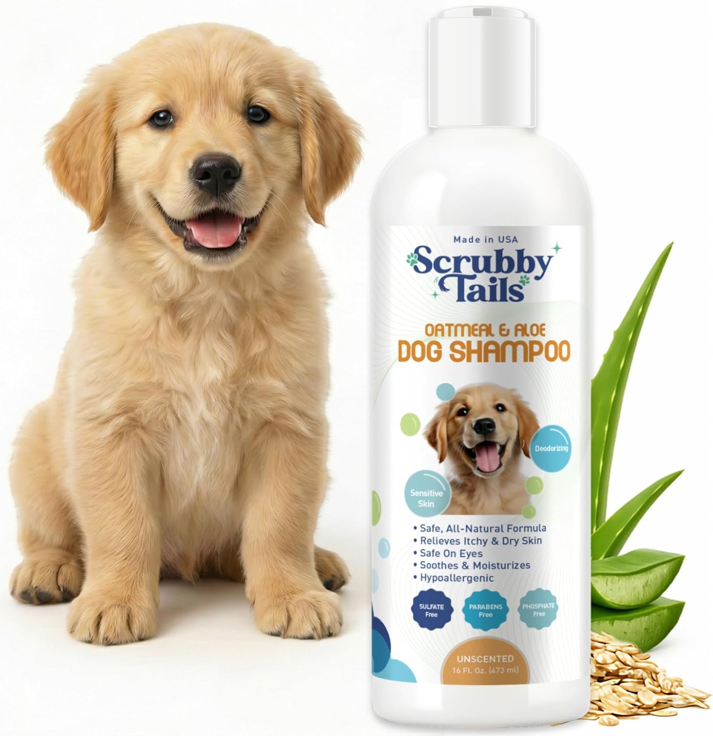 Organic Dog Shampoo – Puppy Oatmeal Shampoo for Itchy Skin Relief – Hypoallergenic for Sensitive Skin,for Dogs of All Ages,Deodorizes Smelly Dogs,Tearless,Made in USA, 16oz (Unscented)