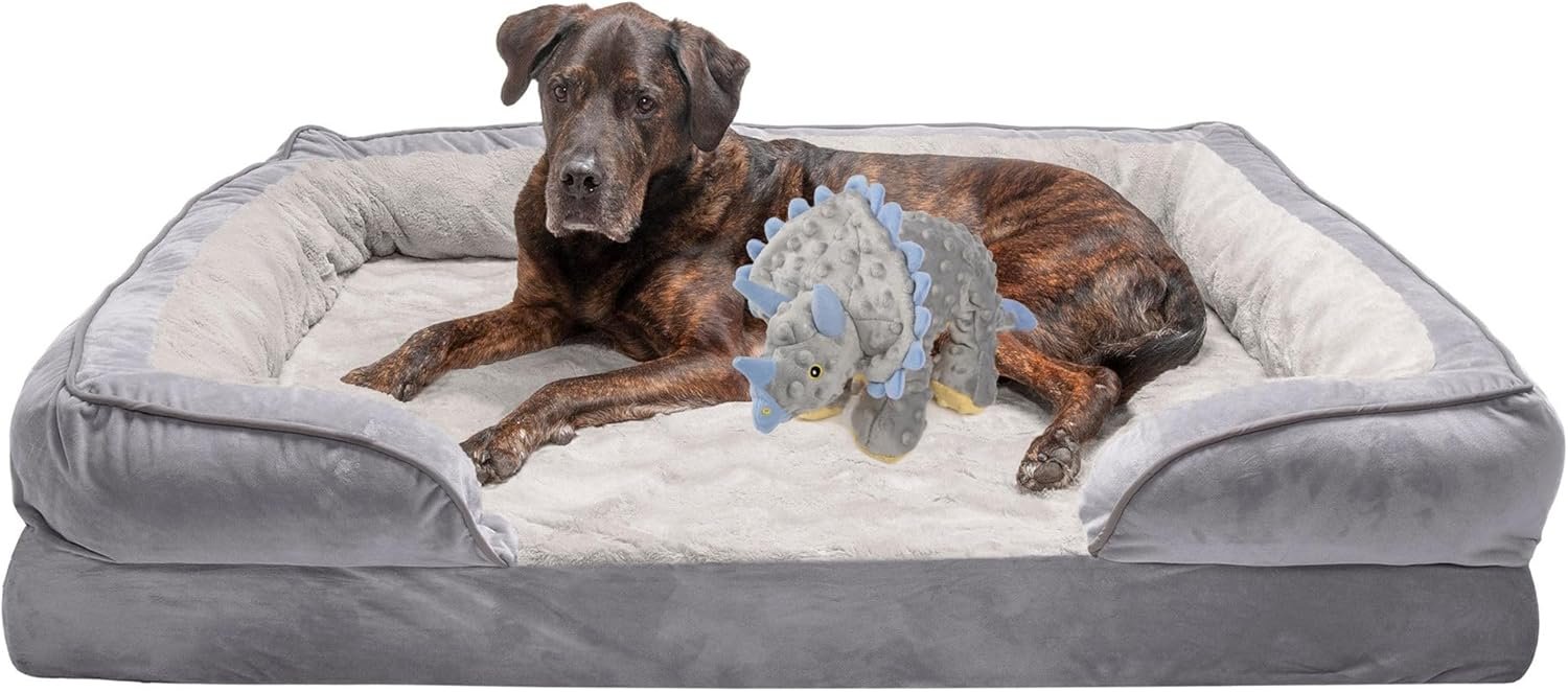 FurHaven Cooling Gel Dog Bed & goDog Toy – Squeaky Plush Dino with Chew Guard Technology for Large Dogs – Plush & Velvet Waves Perfect Comfort Sofa – Granite Gray, Jumbo Plus/XXL