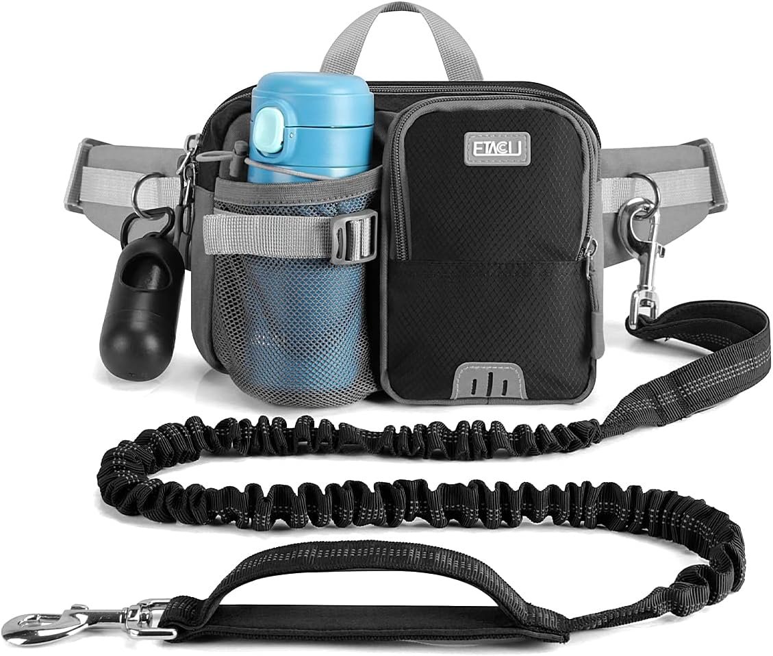 ETACCU Hands Free Dog Leash with Phone Pouch, Water Bottle Holder – Adjustable Waist Belt 19-38 Inch Belt Leash for Running, Reflective Shock Absorbing 48″-70″ Extendable
