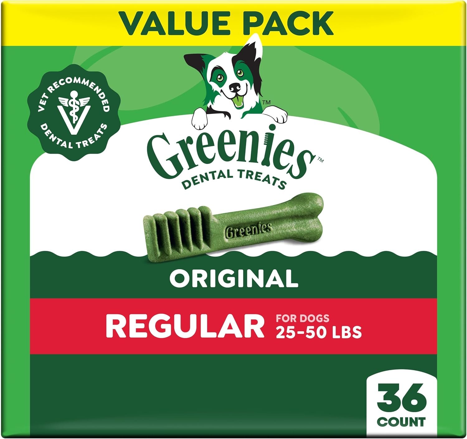 Greenies Veterinarian-Recommended Adult Natural Dental Dog Treats Regular Size, Dog Dental Chews, Original Flavor, 36 oz. Pack, 36 Count