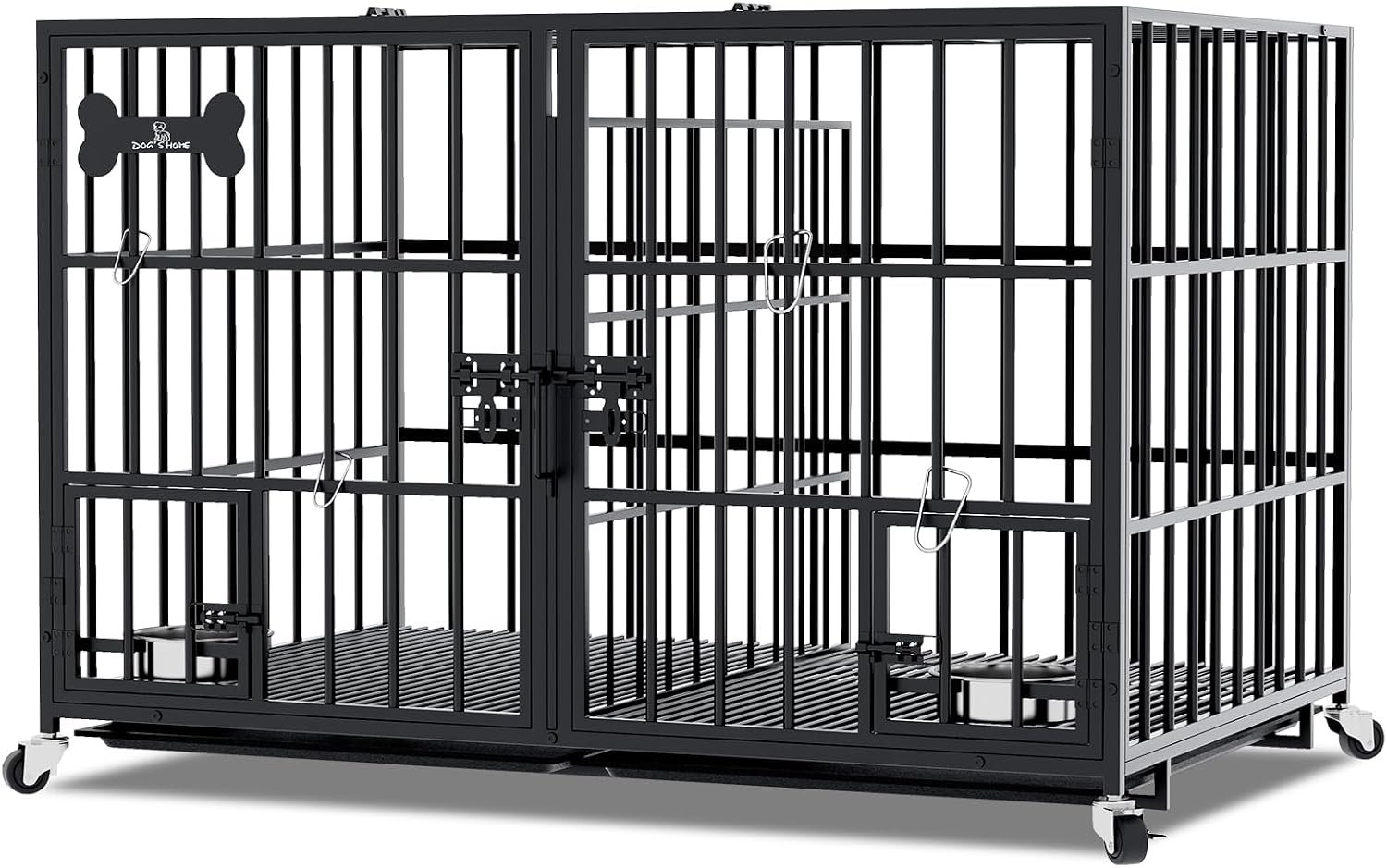aboxoo 42/48 inch Heavy Duty Metal Dog Crate for 2 Dogs/Large Dog,All Metal Open Top Stackable,Dog Kennel Indoor with Wheels,Floor Grid, Tray, Divider and Feeding Bowl