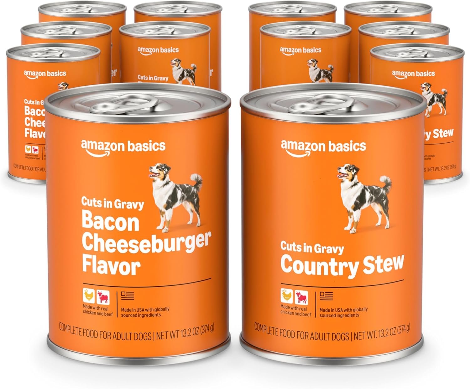 Amazon Basics Wet Dog Food Cuts in Gravy Variety Pack, Bacon Cheeseburger Flavor and Country Stew Flavor, Made with Real Beef and Chicken, 13.2 oz can (6 cans of Each Flavor, 12 cans in Total)