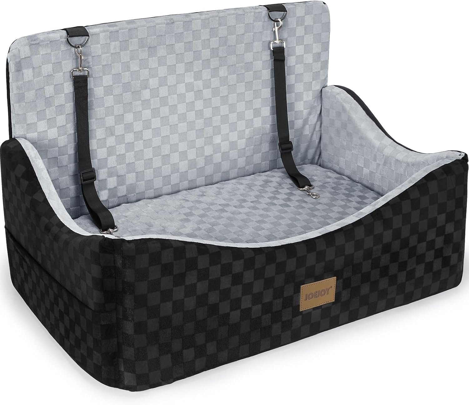 JOEJOY Dog Car Seat for Medium/Large Dogs – Reversible Dual-Sided Travel Dog Car Bed with Memory Foam, Washable Pet Booster Seat for Do gs up to 55 lbs or 2 Small Dogs, 2 Safety Leashes, Grey
