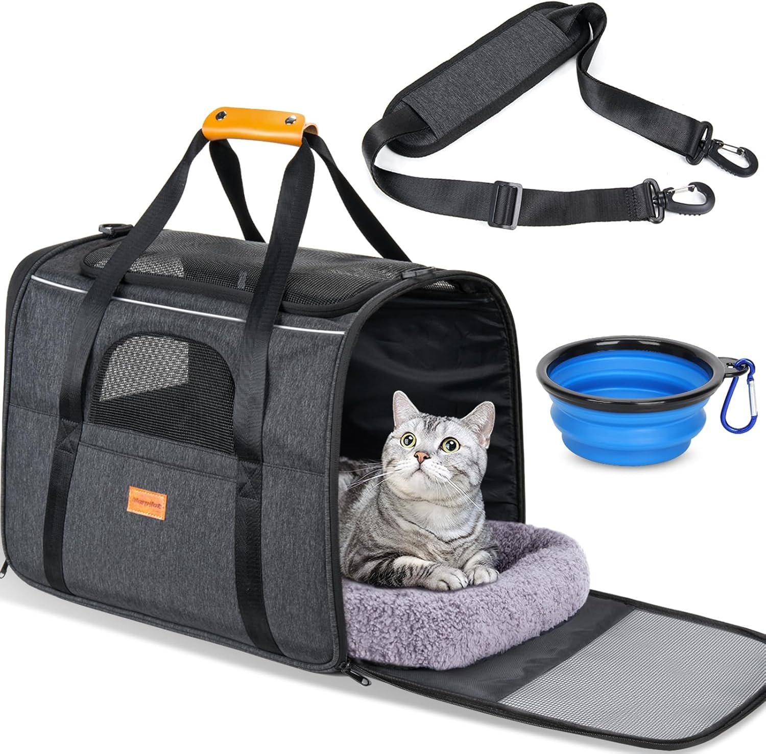 Morpilot Cat Carrier – Cat Carrier Soft for Medium or Large Cats up to 20lbs, with Dual-Sided Cushion, Secure Buckle and Foldable Bowl, Dog Carriers for Small Dogs – Pet Carrier (Dark Gray)