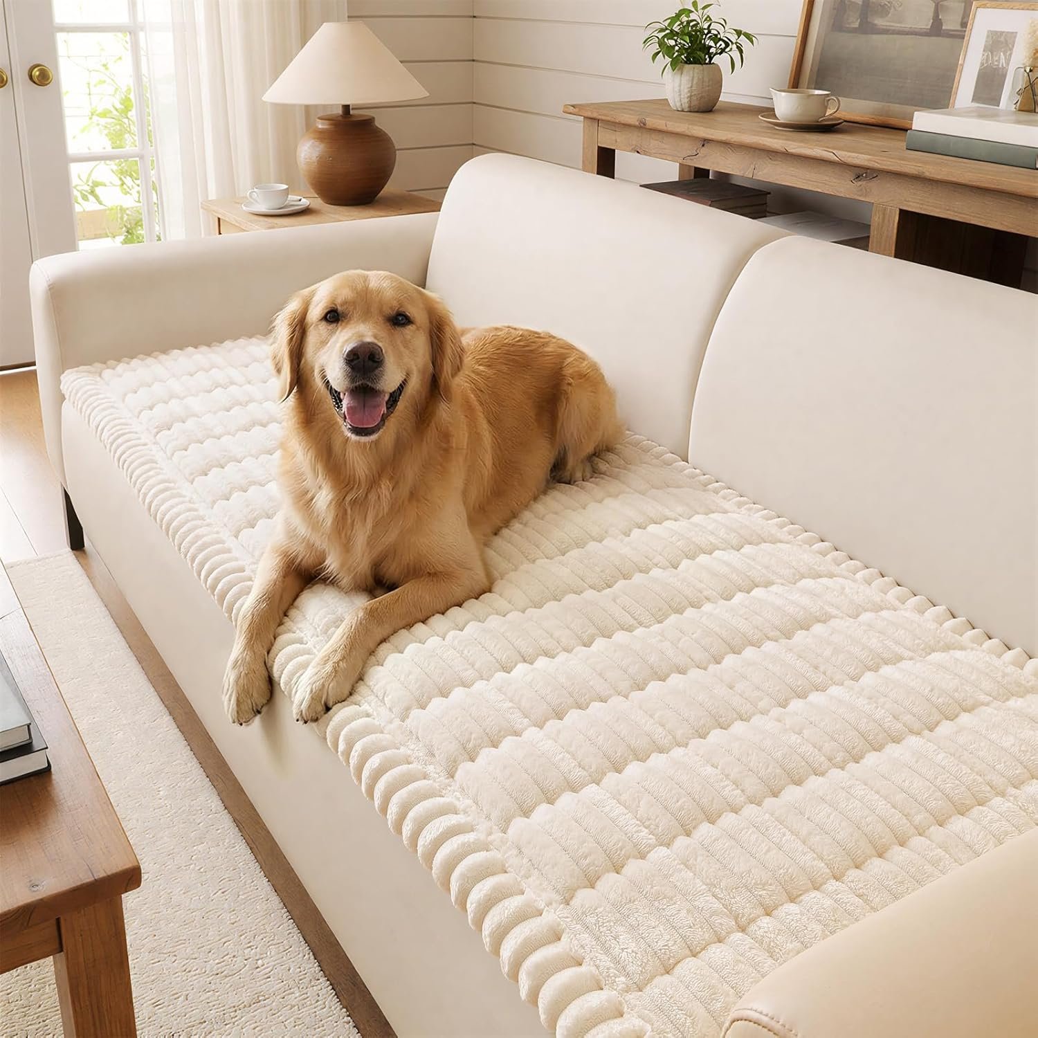 decorUhome Non-Slip Fuzzy Couch Cover for Dogs, Soft Thick Washable Pet-Friendly Protector, Sofa Slipcover for 2 Cushion Sofa/Loveseat, White, 27.6″ x 59″