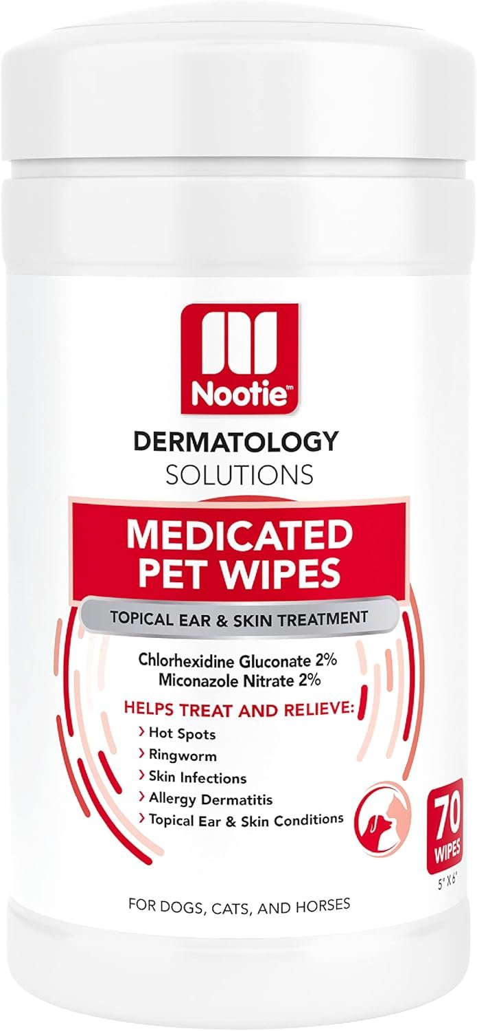Nootie Medicated Dog Wipes, 2% Chlorhexidine and 2% Miconazole Formulated Pet Wipes for Dogs and Cats – 5″x 6″ Size XL Wipes – 70 Count – Sold in Over 10,000 Vet Clinics and Pet Stores Worldwide