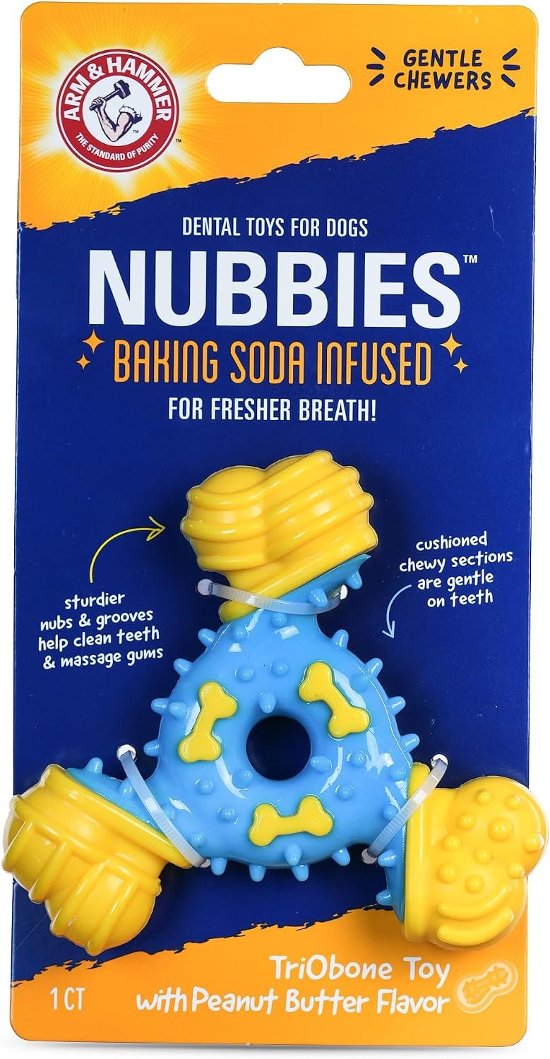 Arm & Hammer Nubbies TriBone Dog Dental Chew Toy Peanut Butter Flavor Moderate Chewers Nylon TPR Plaque Tartar Reduction Baking Soda Infused