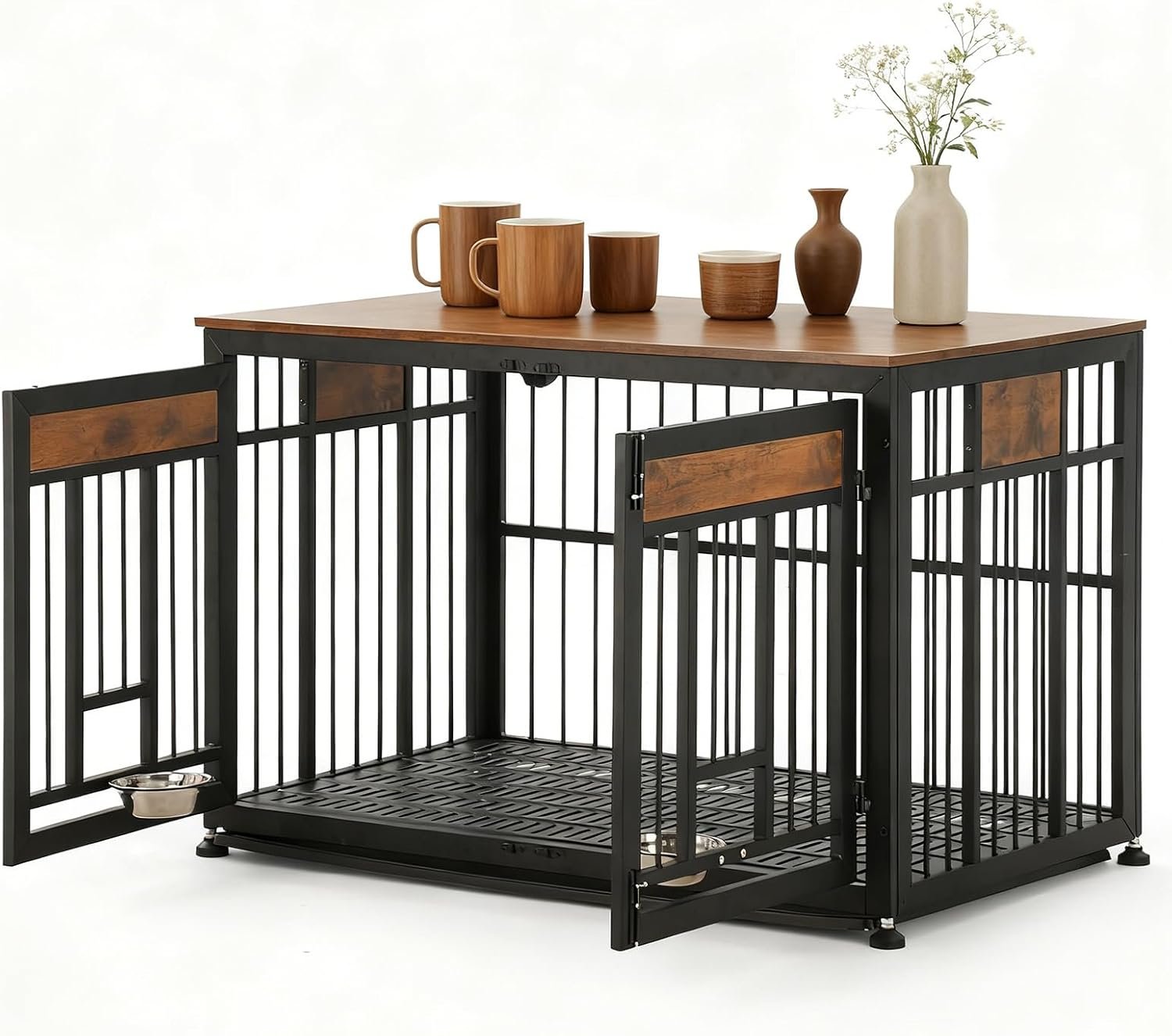 Dog Crate Furniture，48″ Dog Kennel Furniture with Indestructible Metal Crate，Decorative Pet House End Table, Cage Kennel Furniture Indoor，Suitable for Large Dogs（Brown）