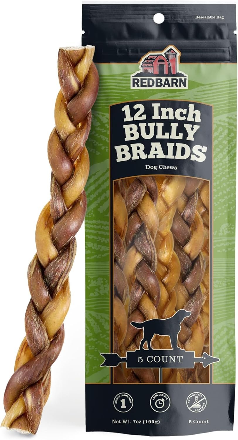Redbarn Pet Products All-Natural 12″ Braided Bully Sticks for Dogs – Premium Slow Roasted Long Lasting Chew Treats Made with 100% Beef – Single Ingredient Low Odor – 5 Count – Packaging May Vary