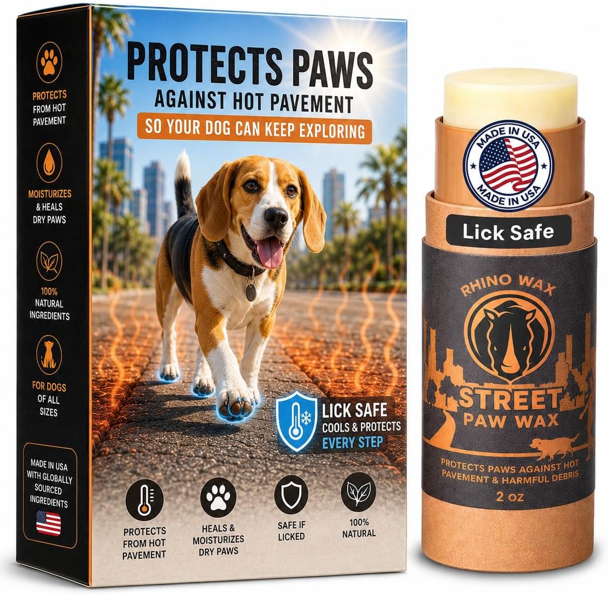 Rhino Wax – Dog Paw Protector for Hot Pavement – Use Street Wax Before Taking Dogs on Asphalt – Balm Protects from Warm Surfaces Rocks Road Debris – Great for Dogs who Hate Dog Shoes for Hot Pavement
