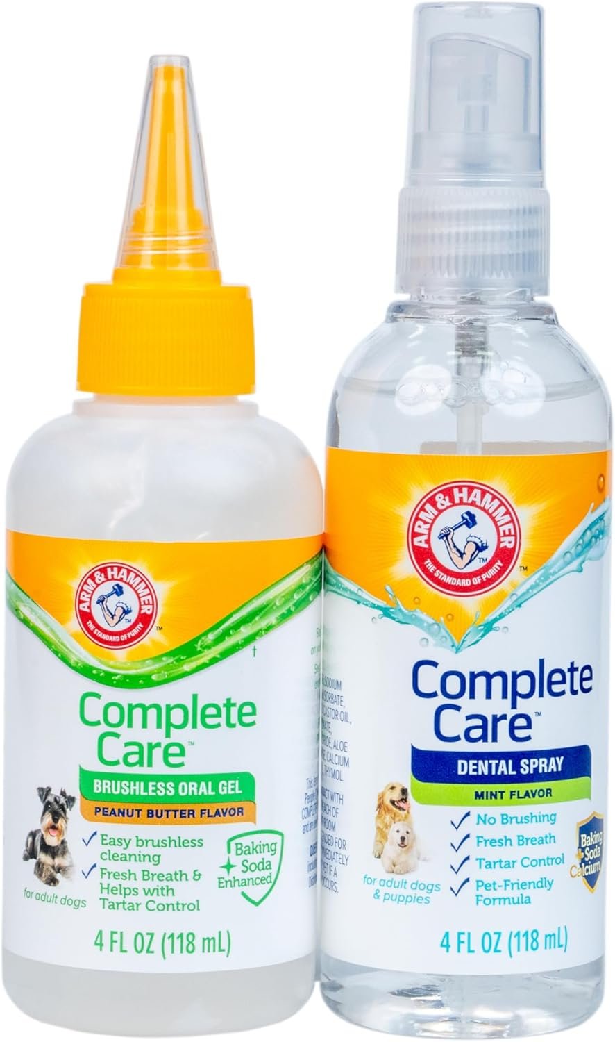 Arm & Hammer Complete Care Brushless Dental Kit for Dogs – Includes No-Brush Oral Gel + Dog Dental Spray, Fresh Breath, Tartar Control, Baking Soda Enhanced Dental Dog Supplies, 4 Fl Oz Each