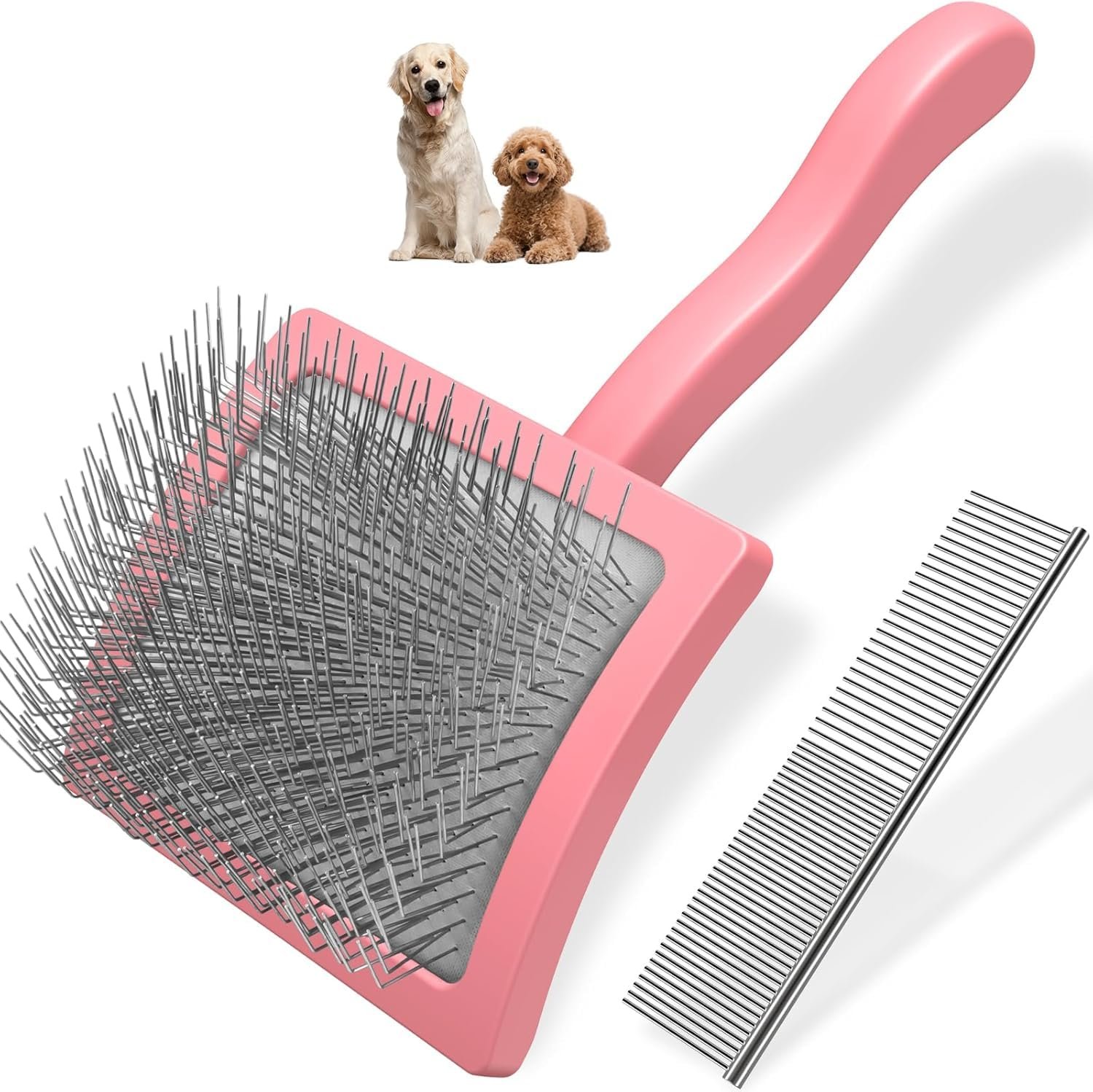 2PCS Slicker Brush for Dogs & Pet Comb,Professional Dog Grooming Brush (Goldendoodles,Poodles,Labradoodles) with Extra Long Pins to Effectively Remove Tangles, Knots and Mats (Light Pink, Large)