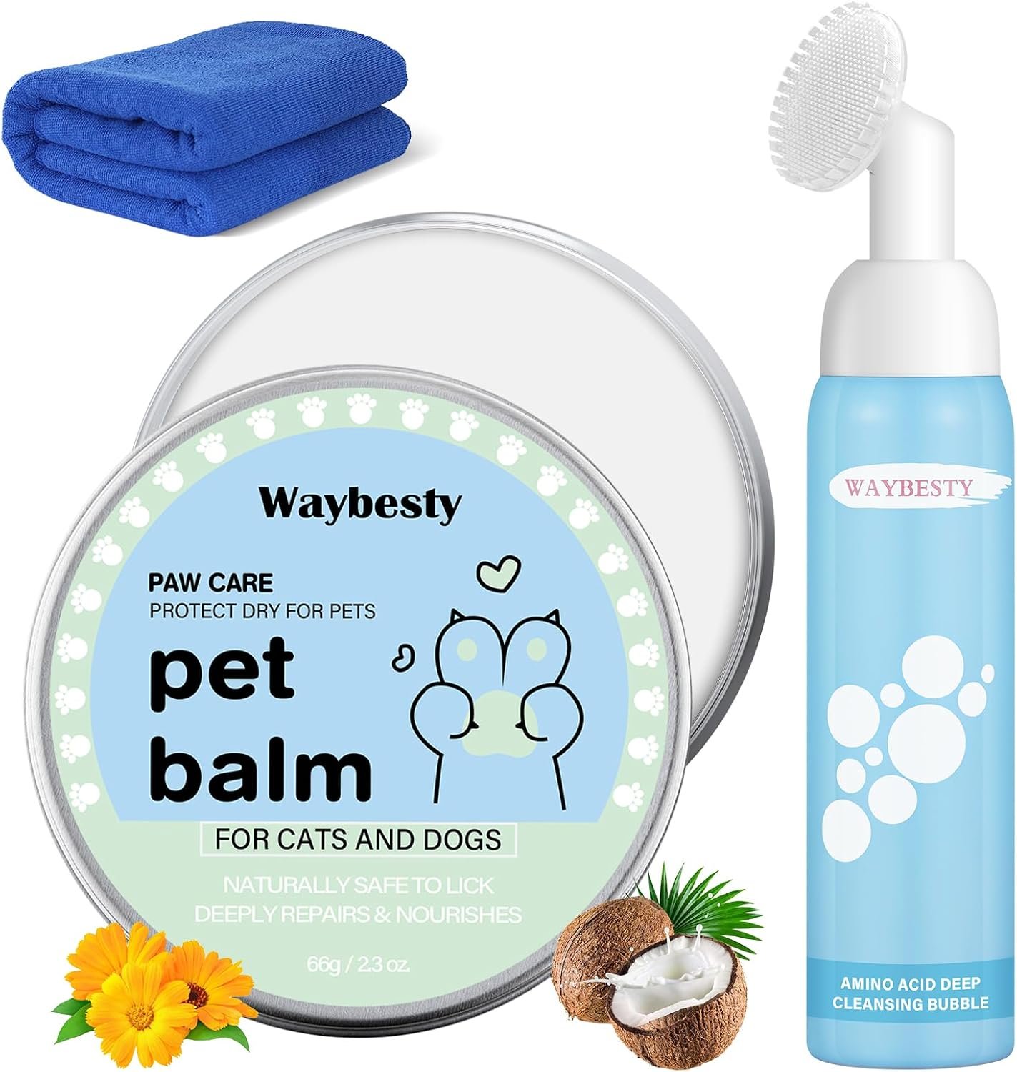 Lick-Safe Dog Paw & Nose Balm with Coconut Oil | 2.3oz Paw Wax, 1 Pcs Dog Paw Cleaner & Towel | Natural Moisturizer for Dry, Cracked Pads & Snout | Winter Snow, Road Salt & Hot Pavement Protector