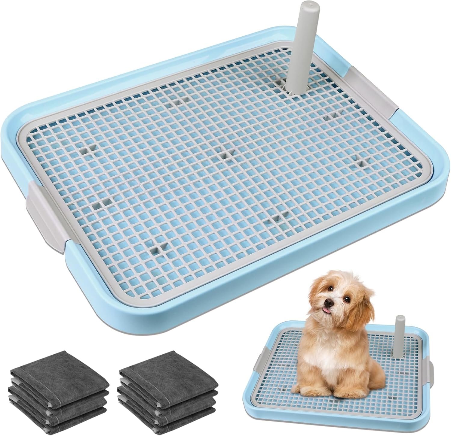 CUHIOY Dog Potty Tray Toilet 20″x14″ – Indoor Pee Pad Holder with 8pcs Training Pads, Puppy Mesh Potty with Secure Latch for Small Medium Puppies – Blue