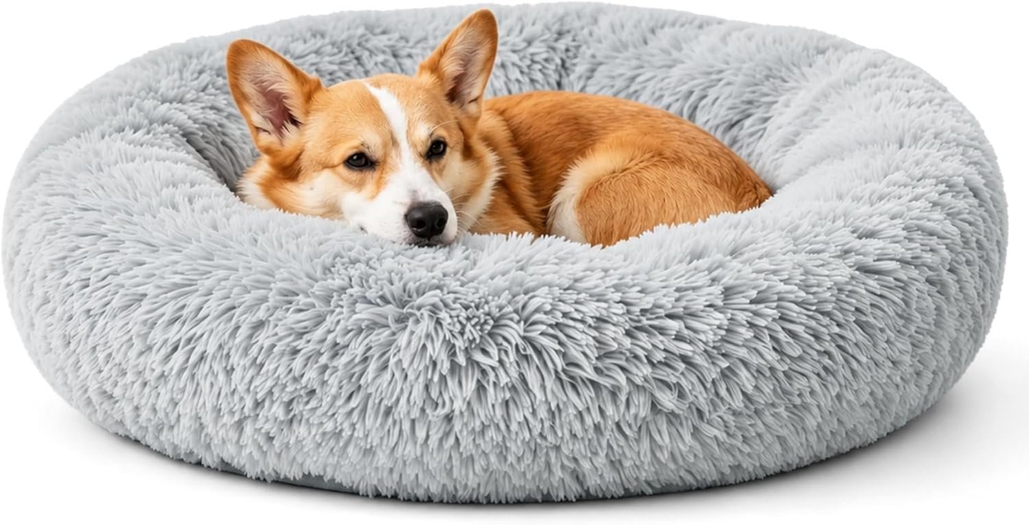 Calming Large Donut Dog and Cat Bed, Anti-Anxiety Round Soft Fluffy Plush Faux Fur Washable Anti-Slip Pet Bed for Medium Dogs Up to 35 lbs 28in Gray