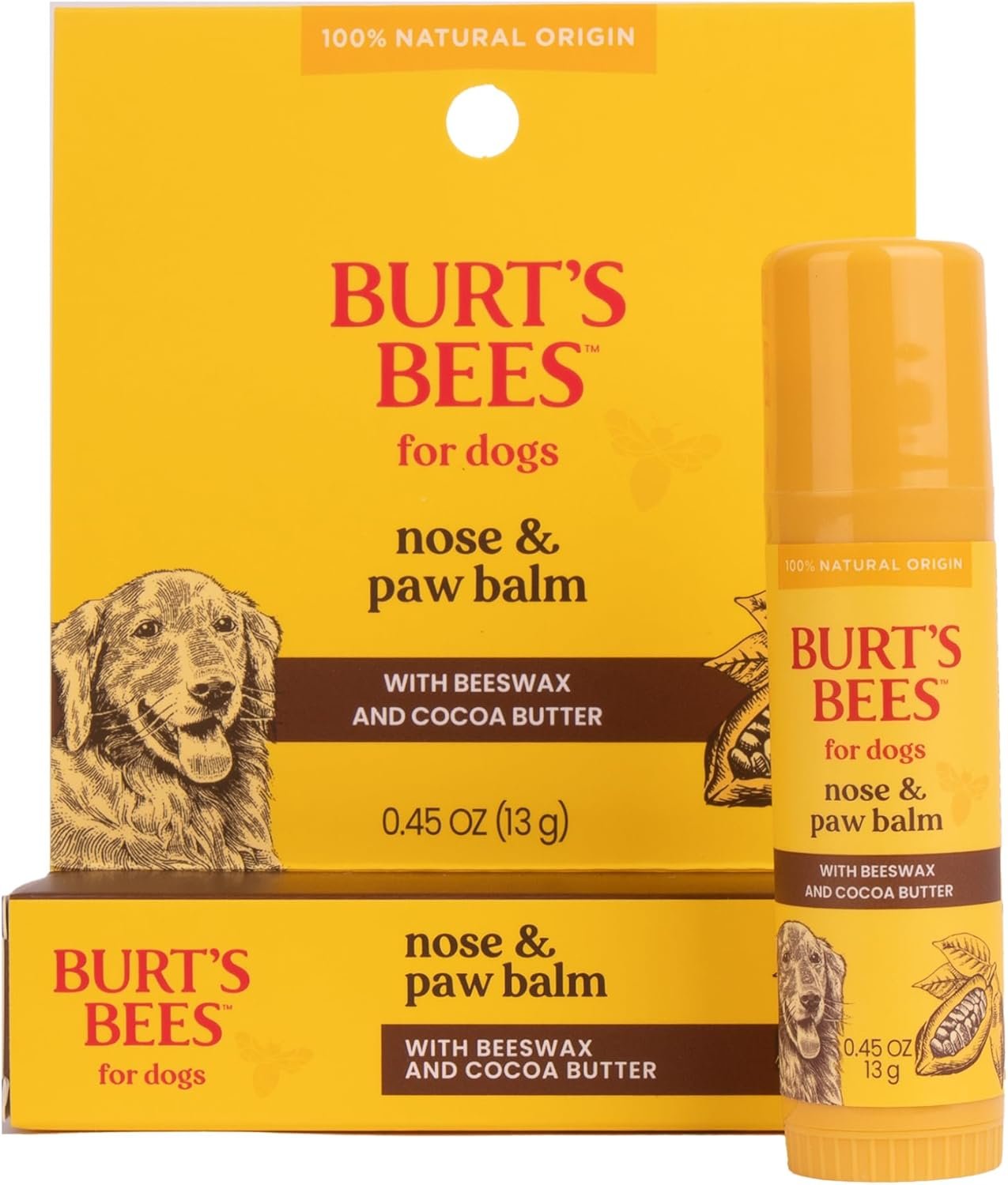 Burt’s Bees for Pets Nose and Paw Balm with Beeswax and Cocoa Butter 100 Percent Natural Origin Dog Paw Pad Balm for Dry Cracked Paws and Noses pH Balanced Paraben Sulfate Free 0.45 OZ Made in USA