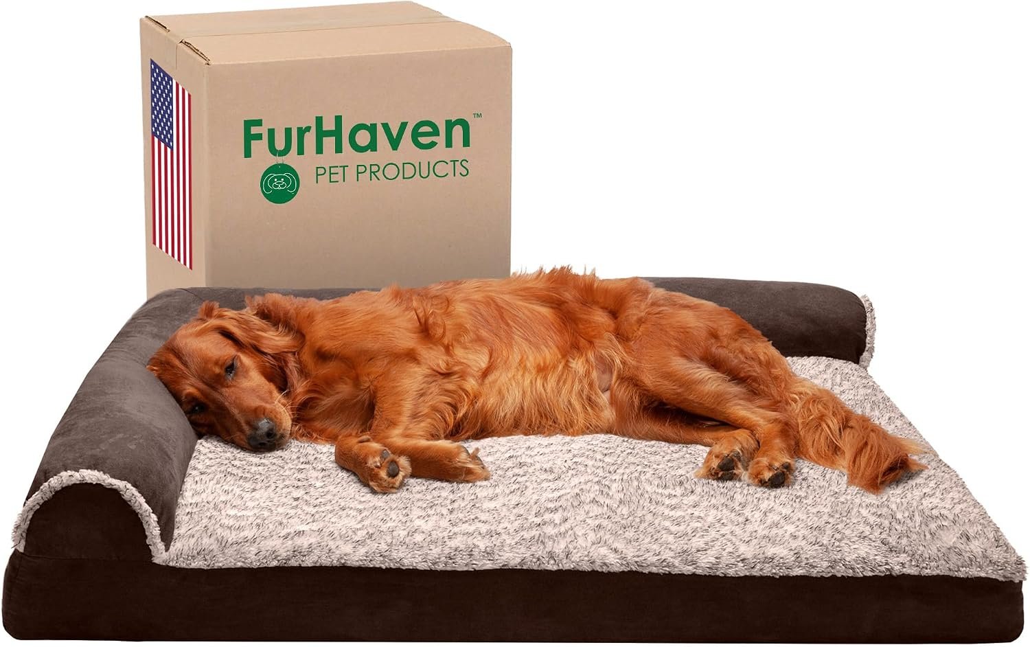Furhaven Memory Foam Dog Bed for Large Dogs w/ Removable Bolsters & Washable Cover, For Dogs Up to 95 lbs – Two-Tone Plush Faux Fur & Suede L Shaped Chaise – Espresso, Jumbo/XL