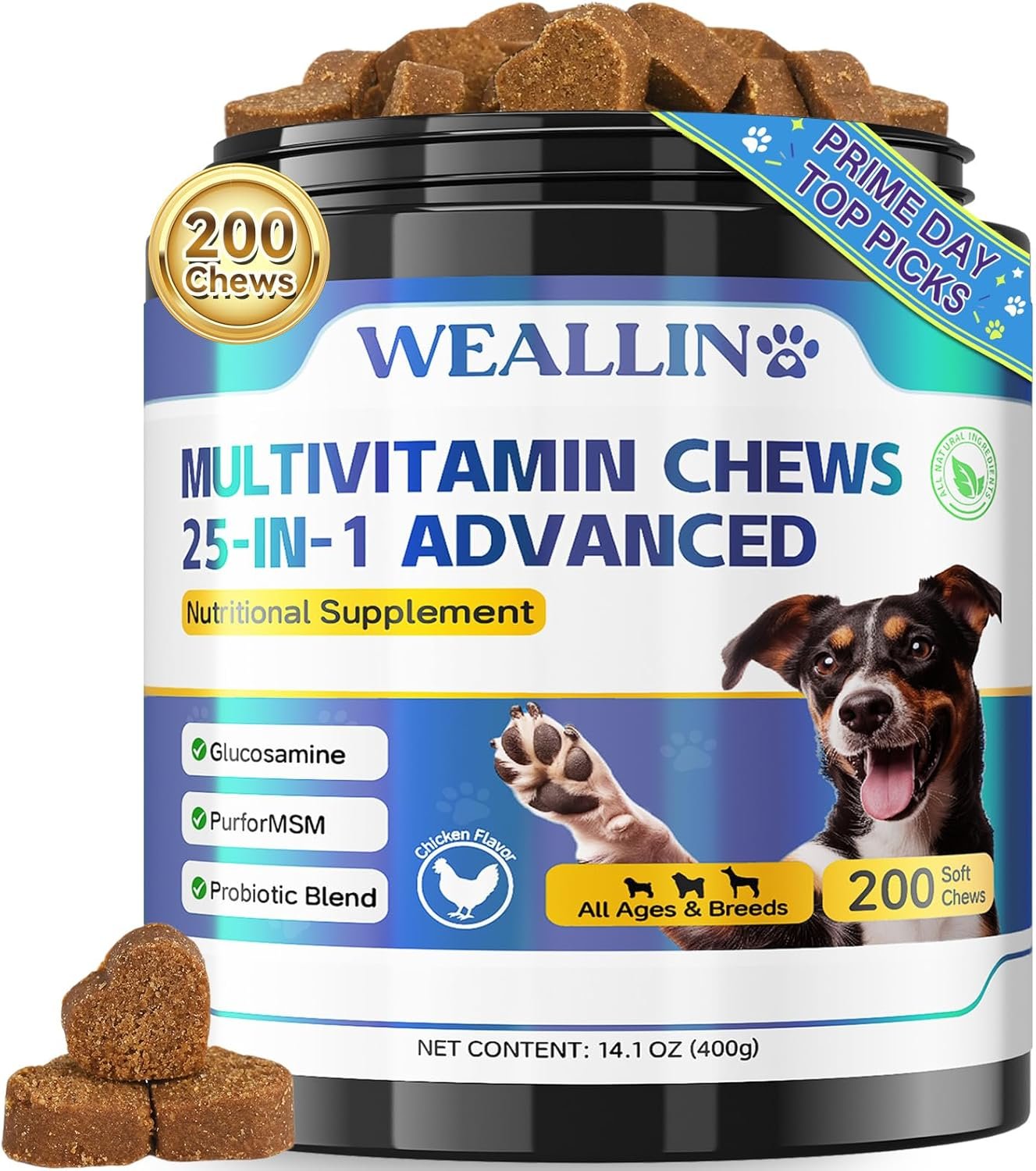 Dog Vitamins – 25-in-1 Dog Vitamins and Supplements Multivitamin with Glucosamine Probiotics Omega-3 Puppy Multivitamin Chewable for Coat, Heart, Hips & Joints, Digestion & Immune System 200pcs