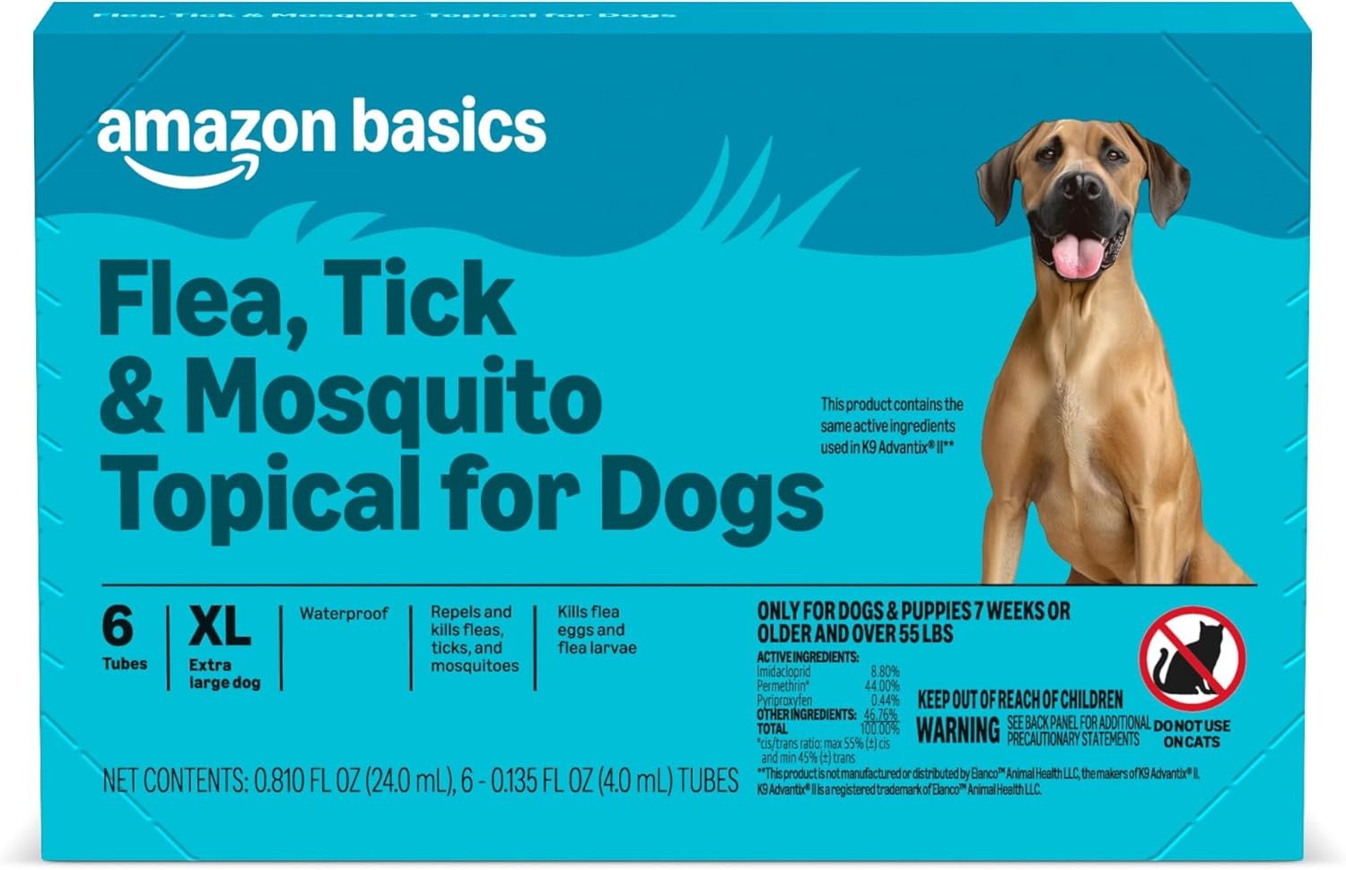 Amazon Basics Preventative Flea, Tick & Mosquito Topical Treatment for X-Large Dogs (Over 55 pounds), Kills Fleas, Long-Lasting, 6 Count, Packaging May Vary