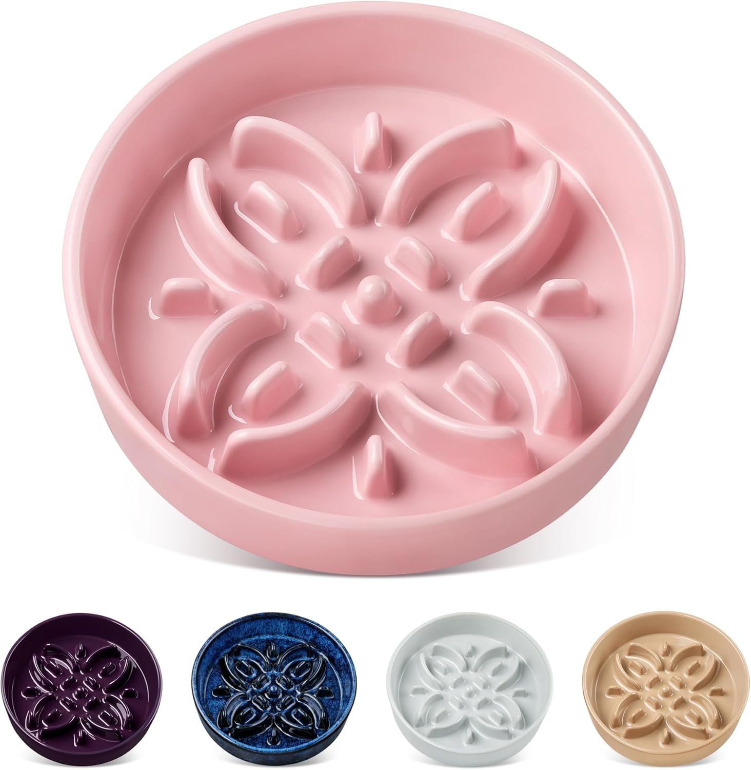 vancasso Ceramic Slow Feeder Dog Bowls, Puzzle Dog Food Bowls with Floral Maze, Anti -Slip Pet Food Dish for Small Breed, 0.6 Cups, Pink