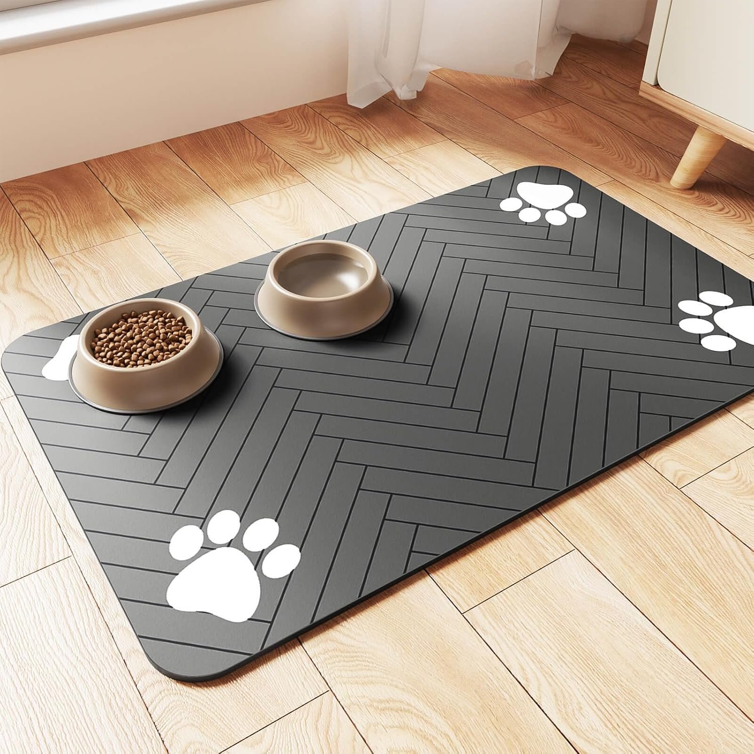 Pet Feeding Mat-Absorbent Pet Placemat for Food and Water Bowl, with Waterproof Rubber Backing, Quick Dry Water Dispenser Mat for Dog and Cat (20″x12″, Striped Dark Gray)