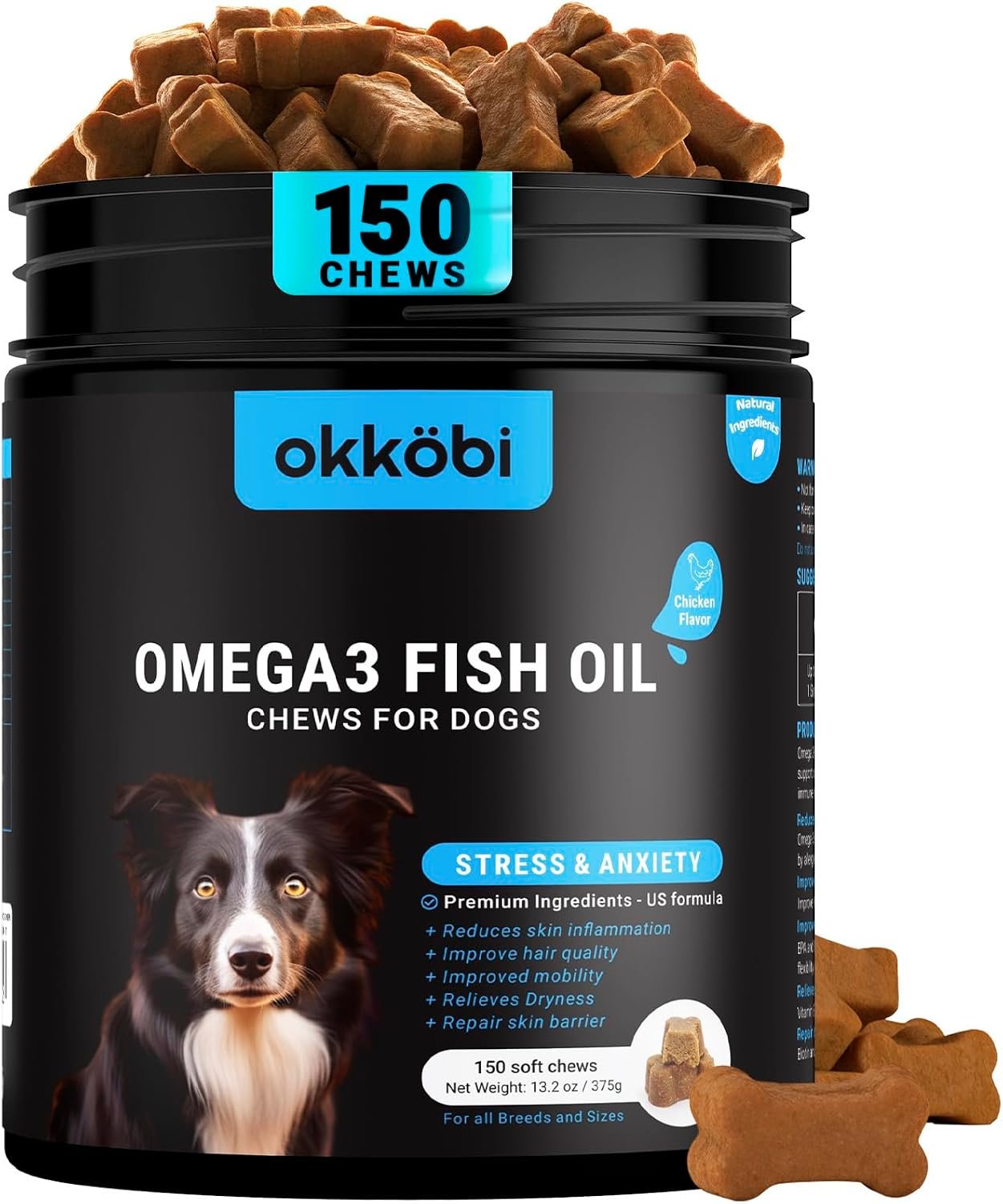 Omega 3 Chews for Dogs – 150Pcs – Dog Skin and Coat Supplement – Rich in EPA & DHA Fatty Acids – Itching Skin Relief Chews – Reduce Hair Shedding – Made with Fish Oil – Chicken