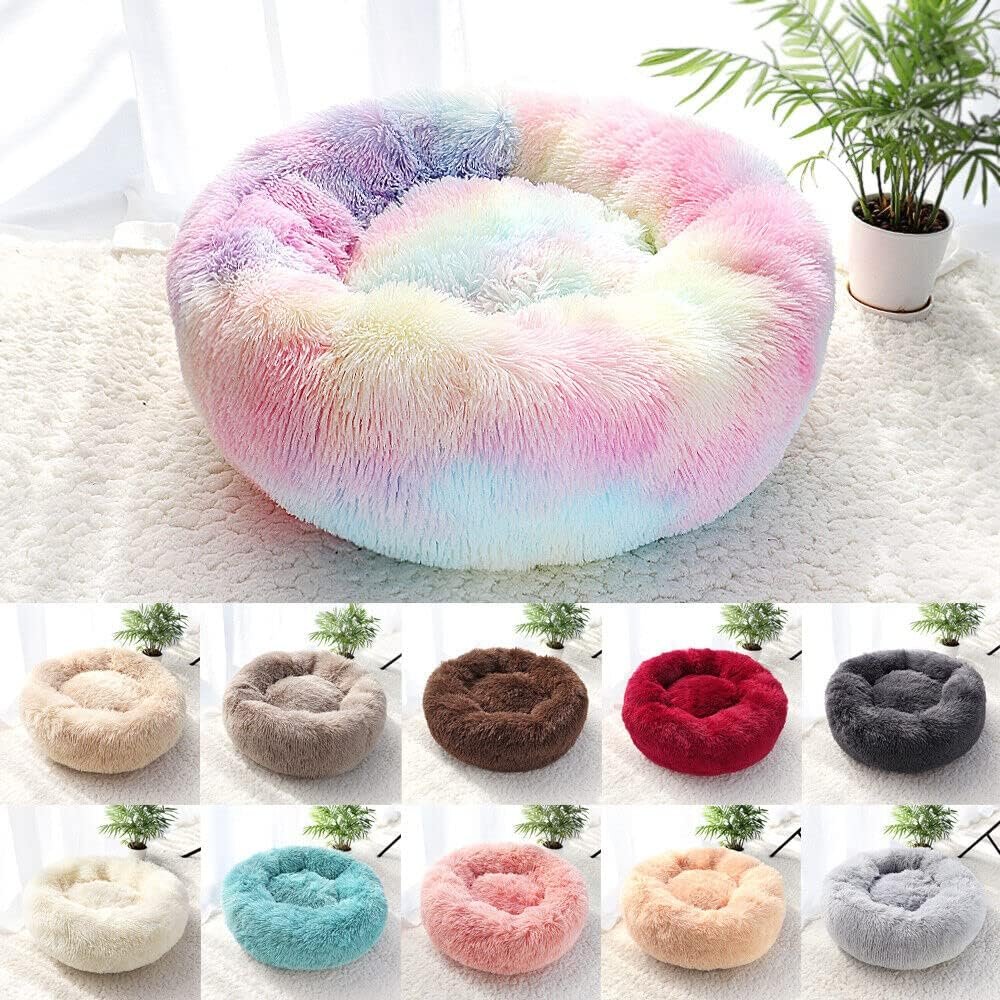 Cat Bed for Indoor Cats and Small Medium Dogs – Washable 20/24 Inches, Anti-Anxiety Round Fluffy Plush Faux Fur, Thick Bottom (Rainbow, Medium)