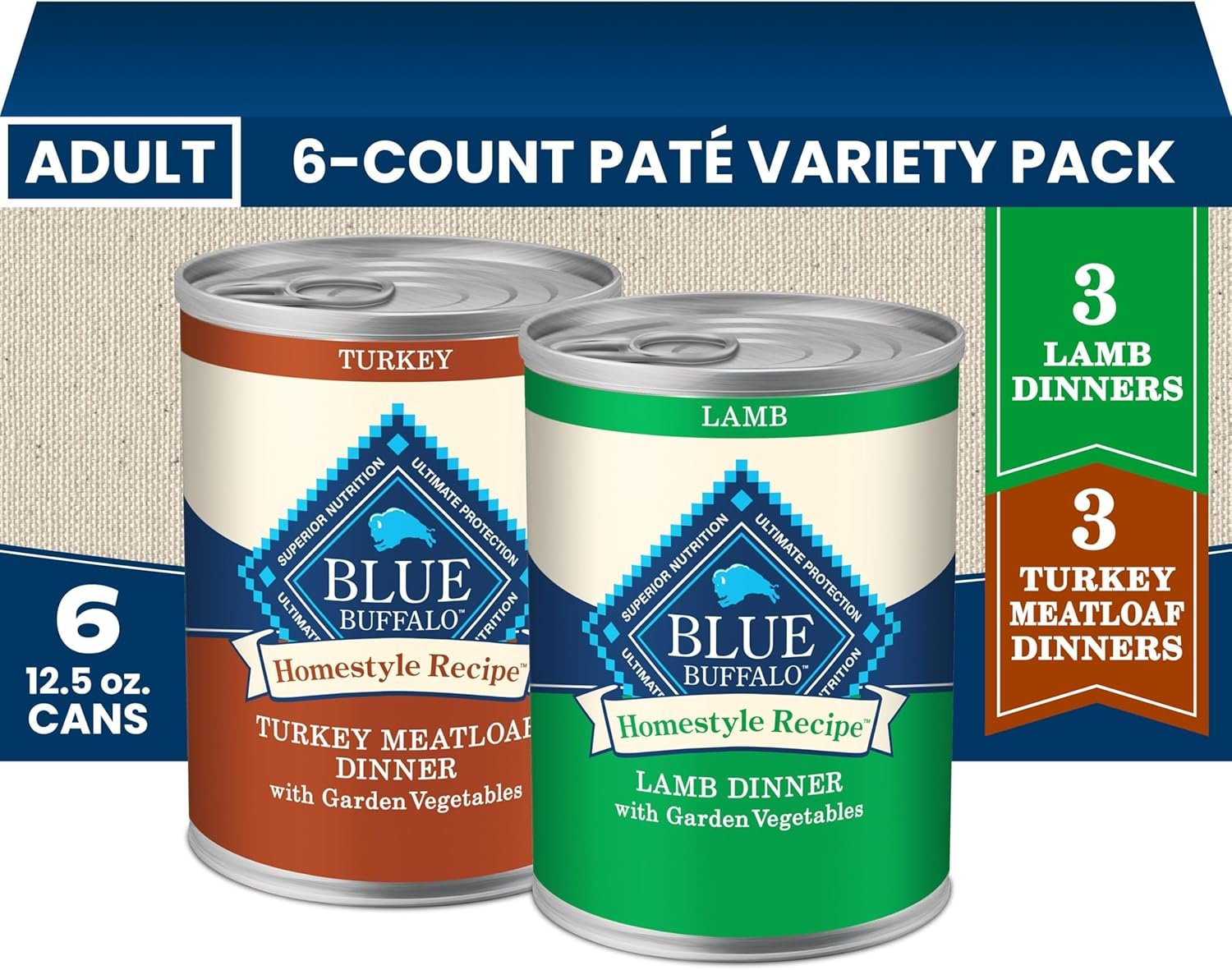 Blue Buffalo Homestyle Recipe Wet Dog Food Paté Variety Pack, Turkey Meatloaf Dinner & Lamb Dinner with Garden Vegetables, Made with Natural Ingredients, 12.5-oz. Can (6 Count, 3 of Each)