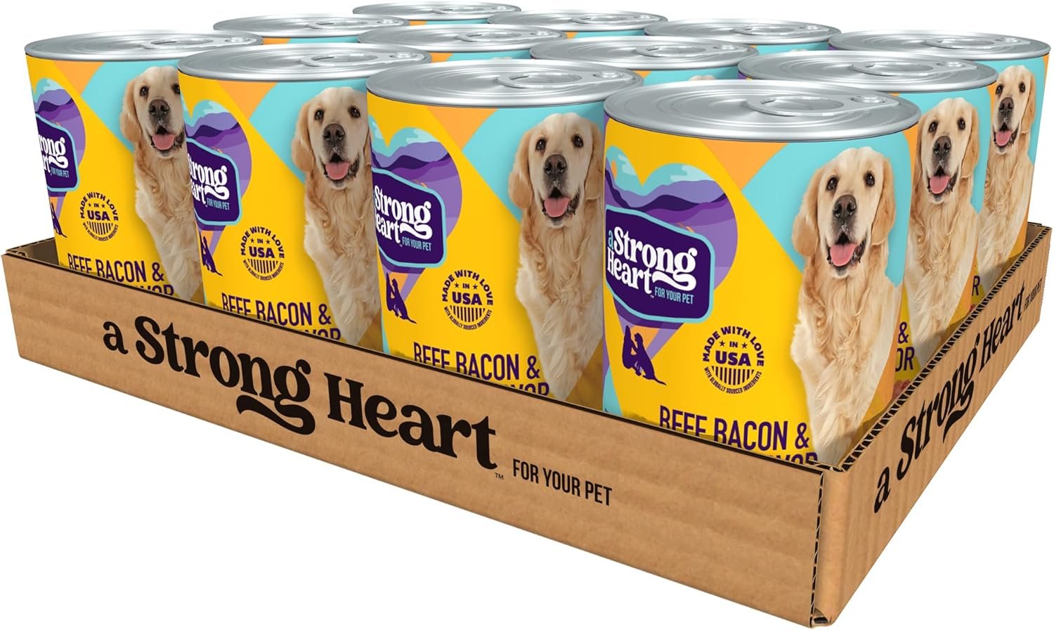A Strong Heart Wet Dog Food, Beef, Bacon & Cheese Flavor – 13.2 oz Cans (Pack of 12), Made in the USA with Real Beef