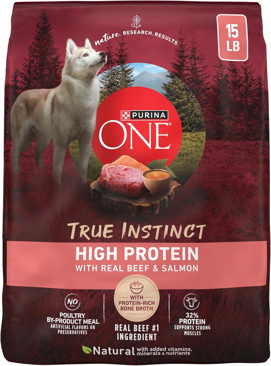 Purina ONE Natural High Protein Dry Dog Food Dry True Instinct with Real Beef and Salmon With Bone Broth and Added Vitamins, Minerals and Nutrients – 15 lb. Bag