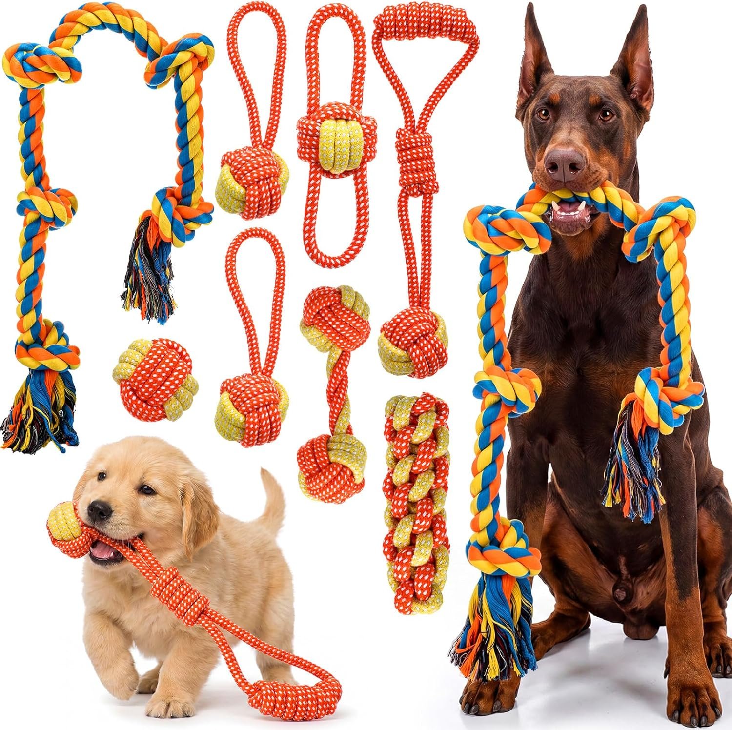 8 Pack Dog Rope Toys for Large Medium Aggressive Chewers, 1 Heavy Duty 37.8” Tug Rope + 7 Knots Small Cotton Chew Toys, Teeth Cleaning Interactive Pull Toy Set for Playing Indoor Outdoor