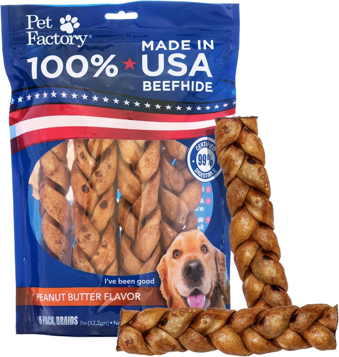 Pet Factory 7in Braided Beefhide Dog Chew Sticks with Peanut Butter Flavor – 100% USA Made Rawhide Chews for Medium Dogs, Long Lasting Dental Health, 7 inches (Pack of 6)
