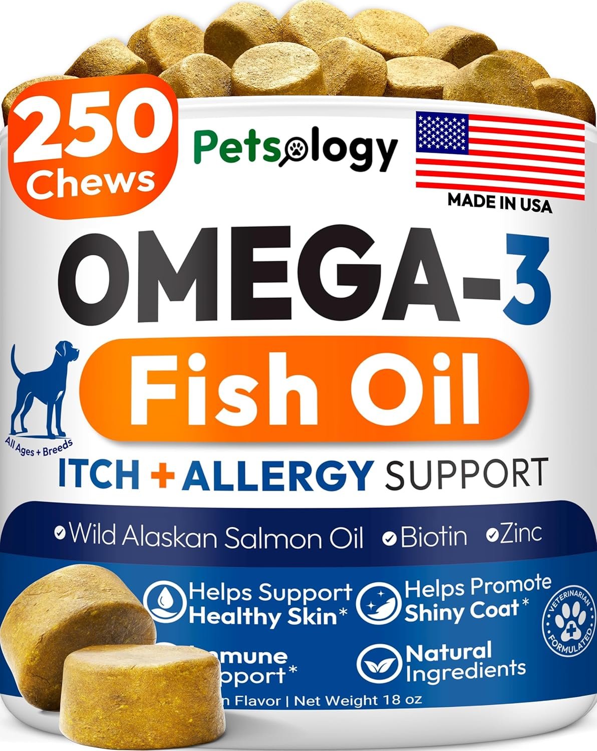 Omega 3 for Dogs – 250 Fish Oil Chews for Dog Shedding, Allergy & Itch Relief, Hot Spot Treatment – Advanced Skin & Coat Supplement – Joint Health – EPA & DHA Fatty Acids – Salmon Oil & Probiotics