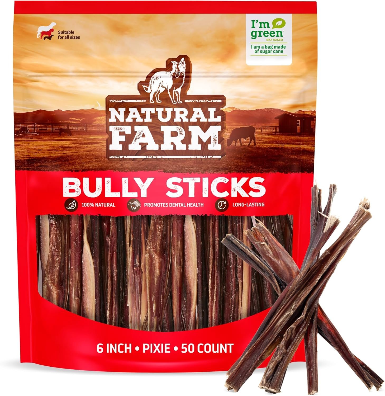 Natural Farm Pixie Bully Sticks (6 Inch, 50 Pack), Thin Pizzle Beef Treats, Grain-Free, High Protein, Best Rawhide Alternative for Small, Puppies or Senior Dogs