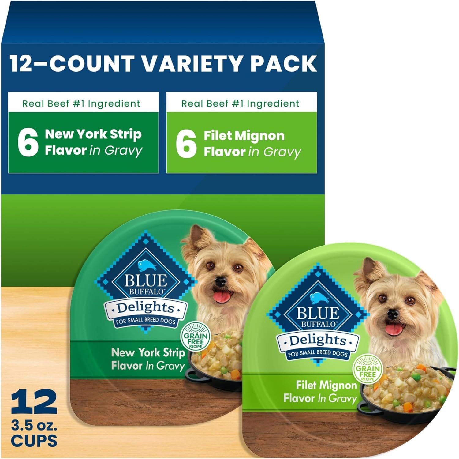 Blue Buffalo Delights Variety Pack Natural Grain Free Wet Dog Food for Small Breed Dogs (Filet Mignon Flavor & New York Strip Flavor) in Gravy with Natural Ingredients, 3.5-oz. Each (12 Cups)