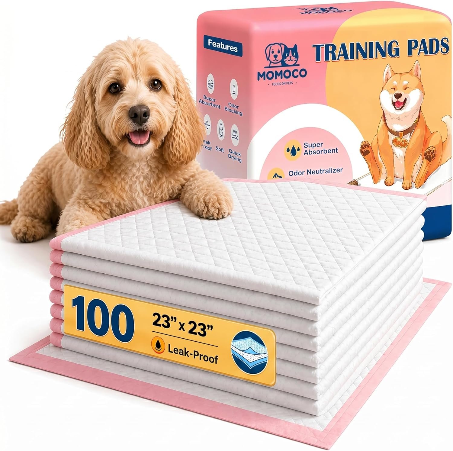 MoMoCo Pink Puppy Pads 23″ x 23″, 6-Layer Super Absorbent Dog Pee Pads, Leak-Proof Training Pads for Hardwood Floors & Apartments, Flash-Dry Disposable Potty Pads for Puppies & Senior Dogs, 100 Count