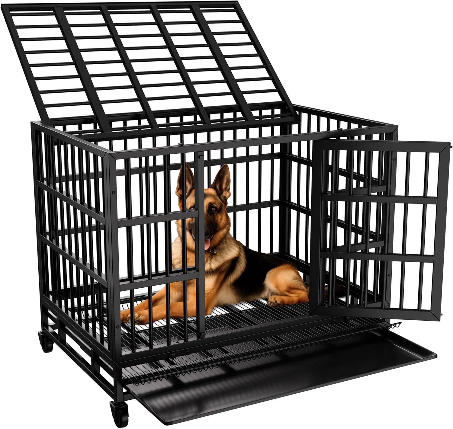 JY QAQA 48/38 Inch Heavy Duty Indestructible Dog Crate Double Doors Escape Proof Cage Kennel,Enhanced Metal Pet Cage,Extra Large Crate Indoor for Large Dog with Removable Tray and Lockable Wheels