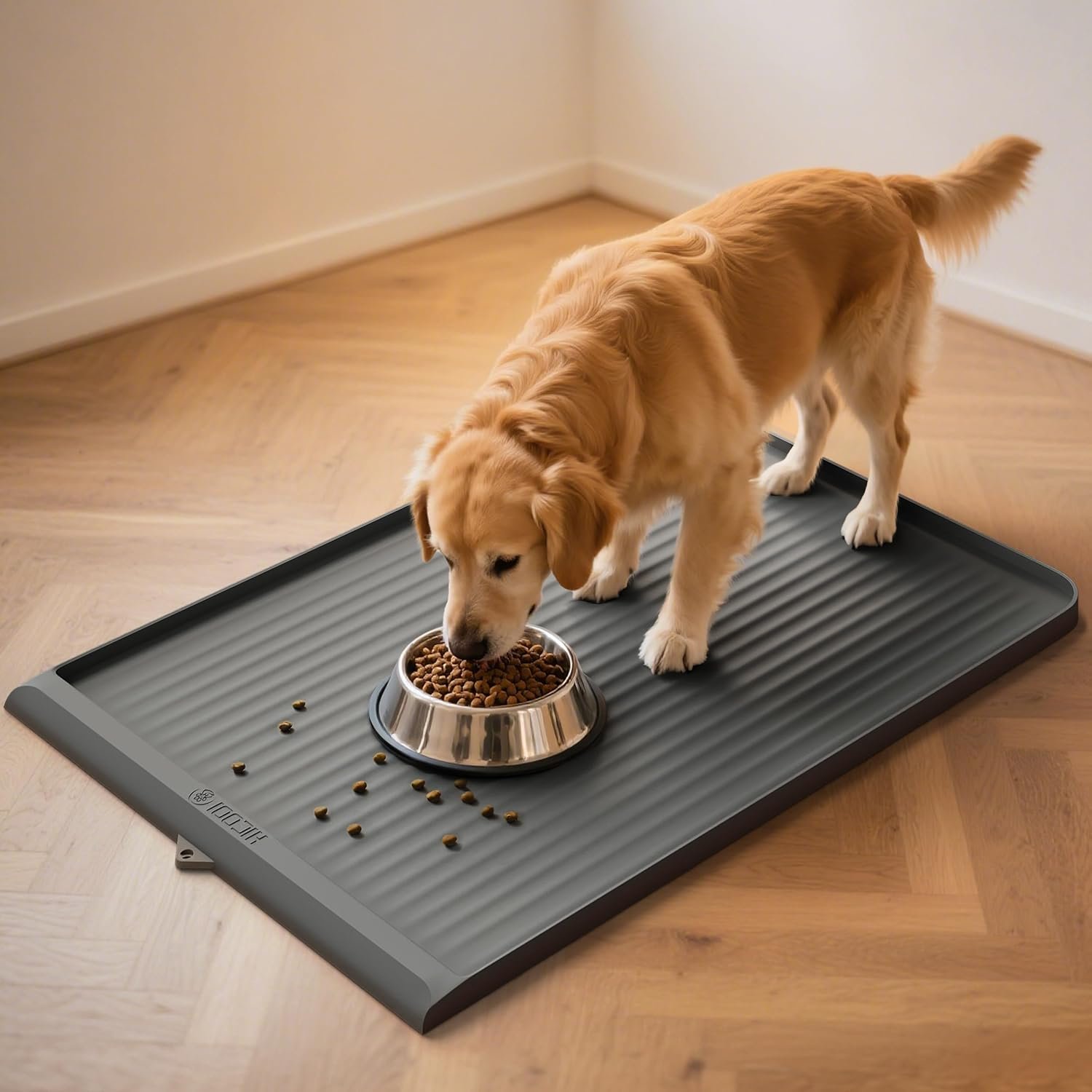 Dog Food Mat 36″x24″, Waterproof Pet Feeding Mat with Diversion Grooves and Raised Edges, Large Non-Slip Dog Bowl Mat for Food and Water, Cat Food Mat for Floors, Easy to Clean, Grey