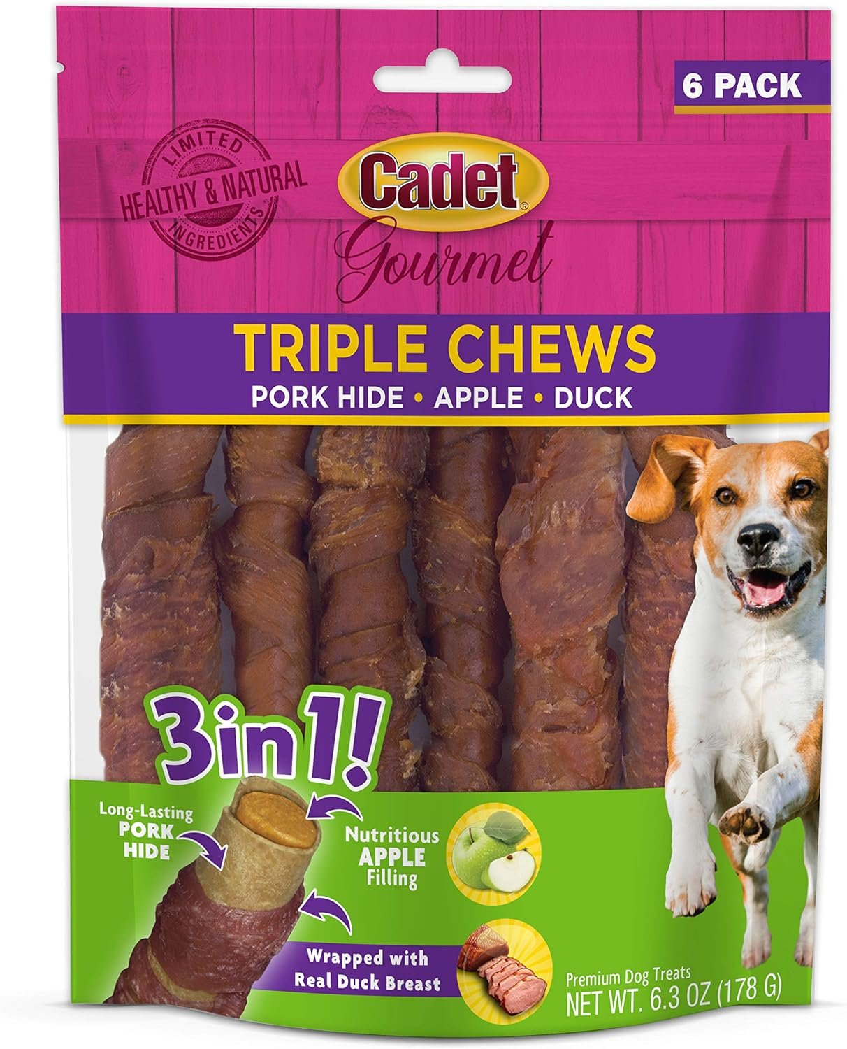 Cadet Gourmet Triple Chews Long-Lasting Pork Hide Sticks with Apple and Duck, Healthy Dog Treats for Small & Large Dogs, 6 Count